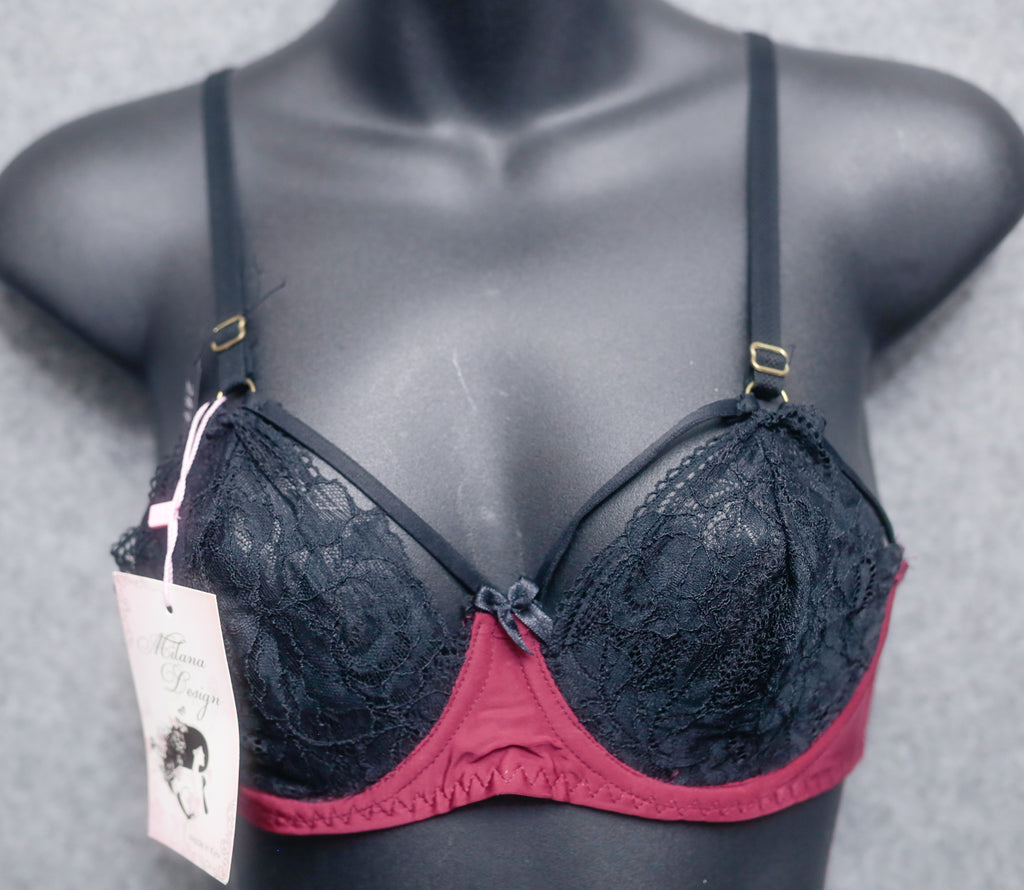 Milana Design 32B Handmade Unlined Underwire Bra Dark Red and Black Lace Mesh