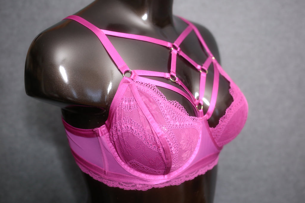 Torrid Curve 1 Strappy Cage Bra Pink Sheer Lace 1X 14-16