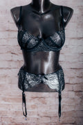Roma Unlined Burlesque Shelf Bra and Garter Suspenders Set Black Shimmer Shine Medium