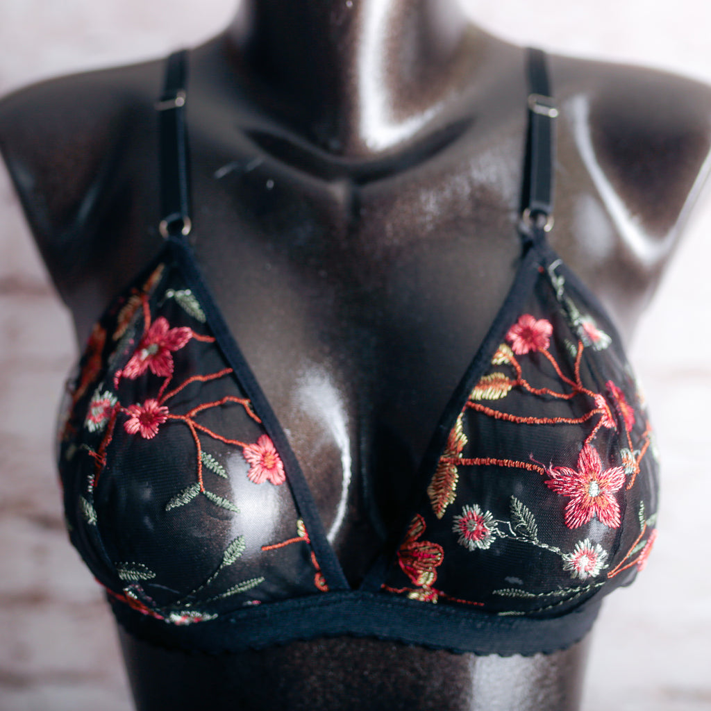 Nuez Moscada Black Floral Embroidered Sheer Mesh Underwire Bra XL