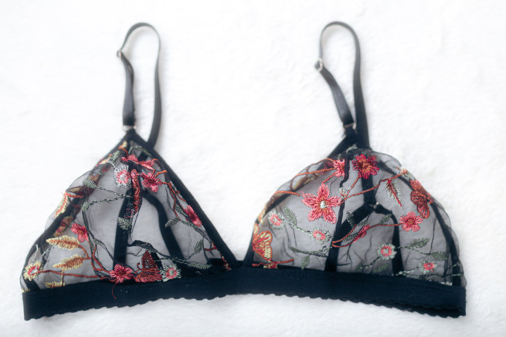 Nuez Moscada Black Floral Embroidered Sheer Mesh Underwire Bra XL