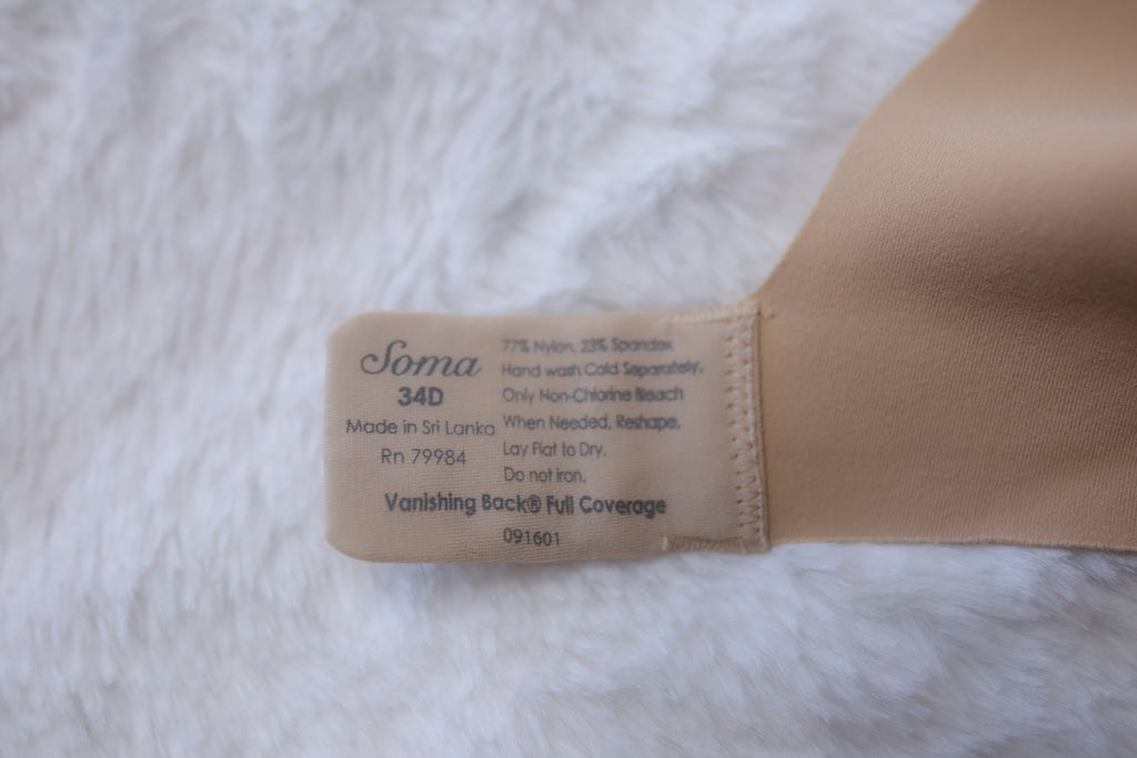 Soma 34D Vanishing Back Full Coverage Underwire T-shirt Bra Beige