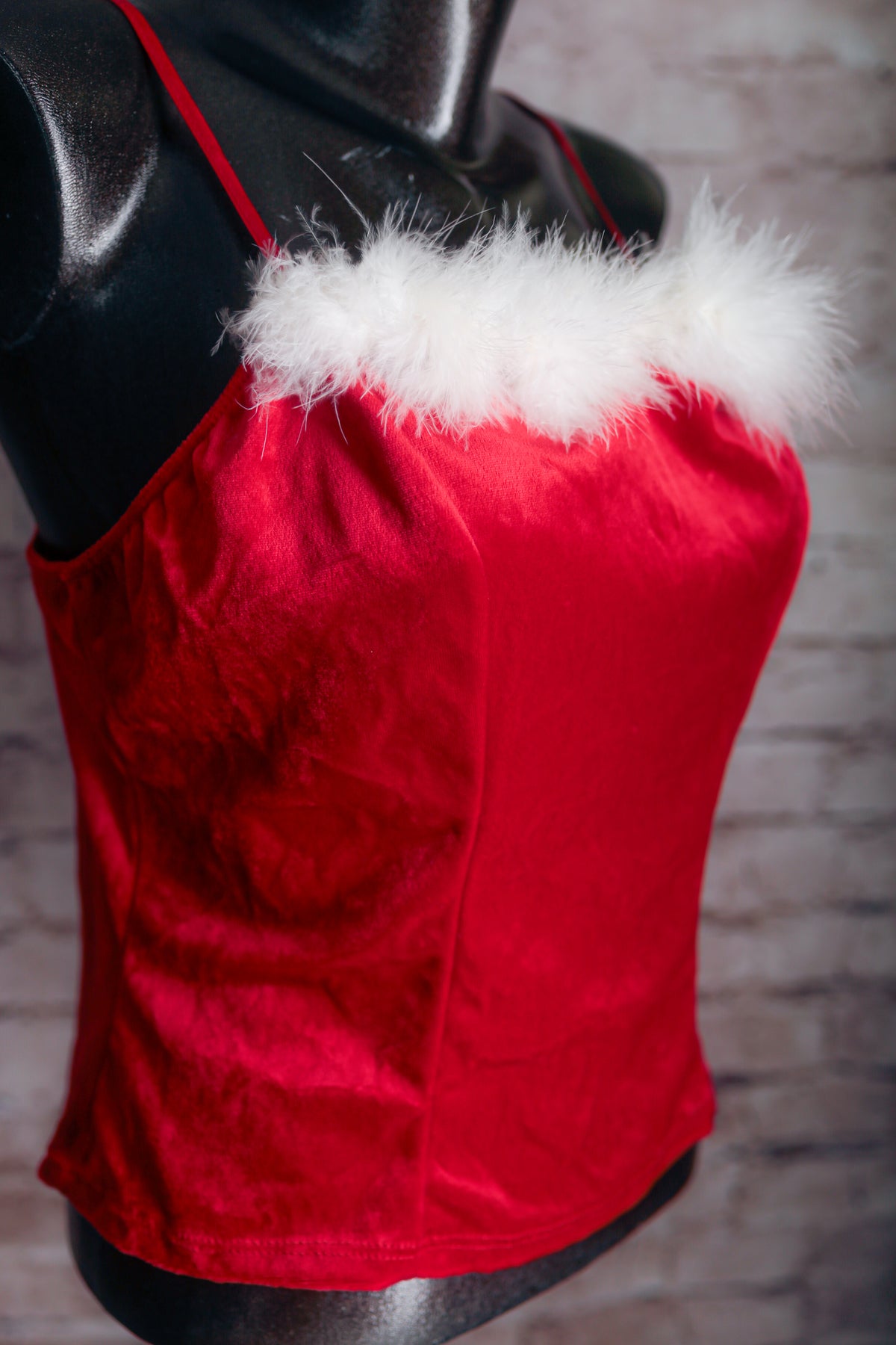 Vintage Christmas Claus Red Velvet Marabou Cami Chemise Lingerie Large