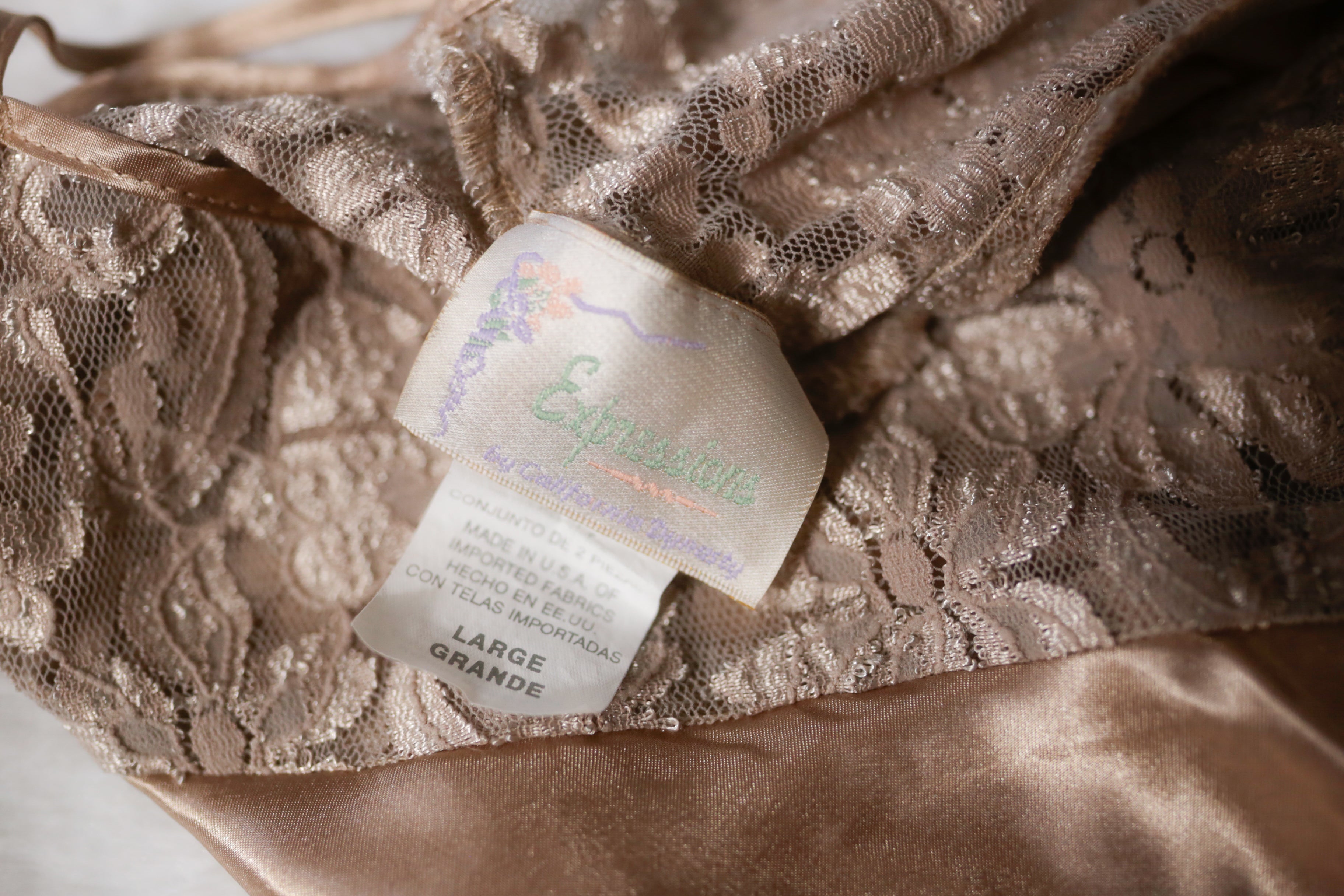 California Dynasty Expressions Vintage Cami Nightie USA-made Lingerie Taupe Large