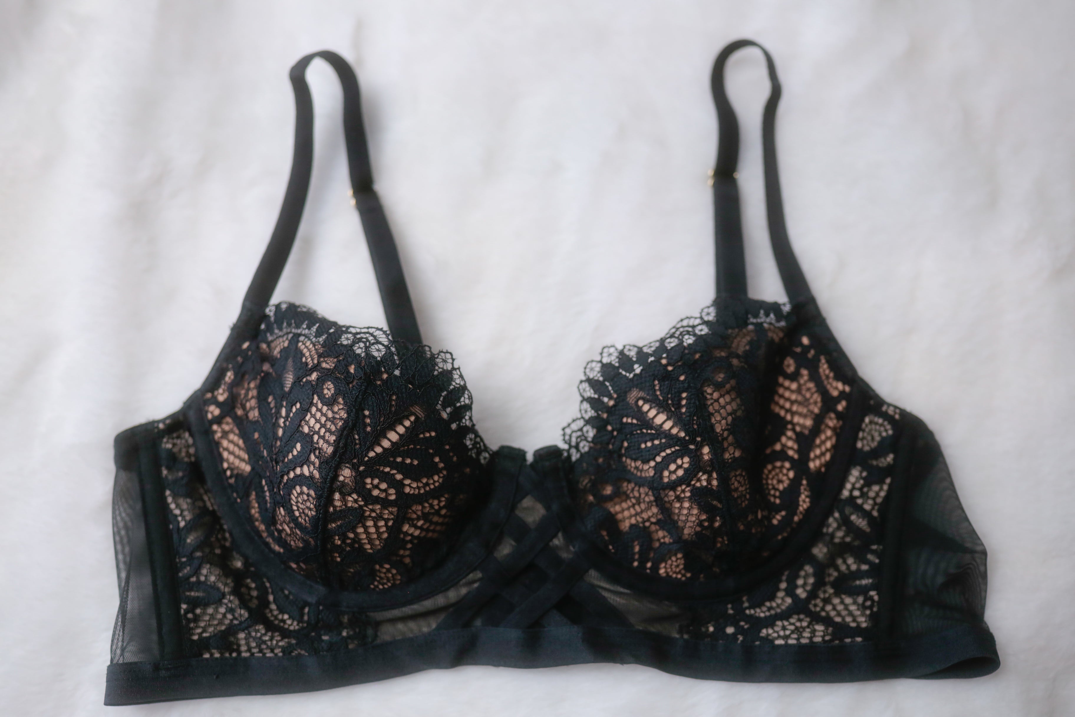 Adore Me 36A Longline Balconette Strappy Underwire Bra Black and Beige
