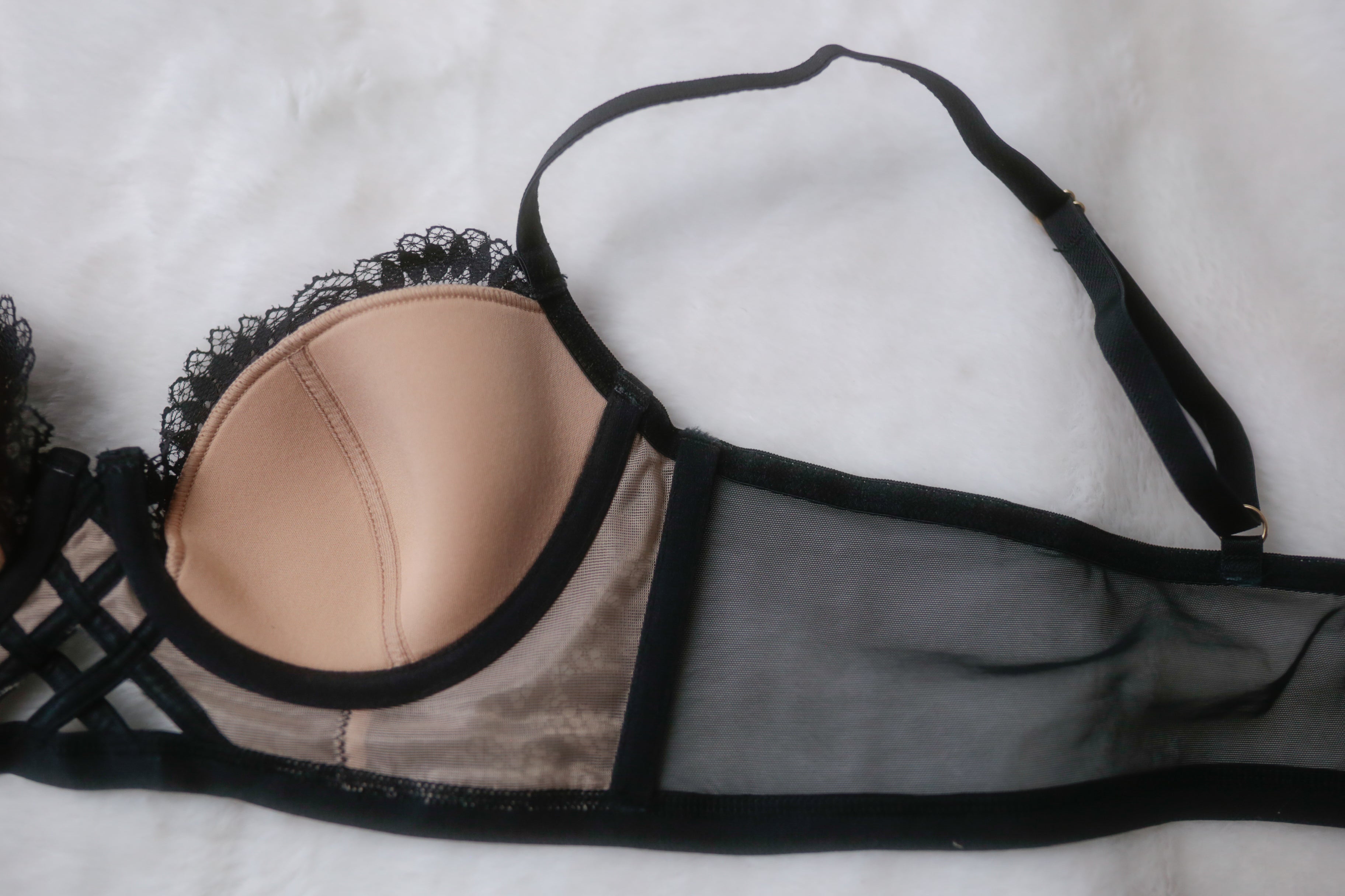 Adore Me 36A Longline Balconette Strappy Underwire Bra Black and Beige