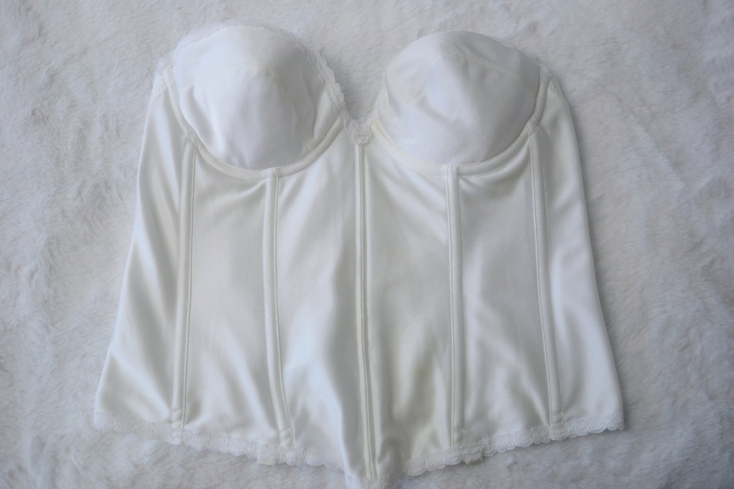 Carnival White Vintage USA-made Low Back Bustier Corset Boned Bra: 38B