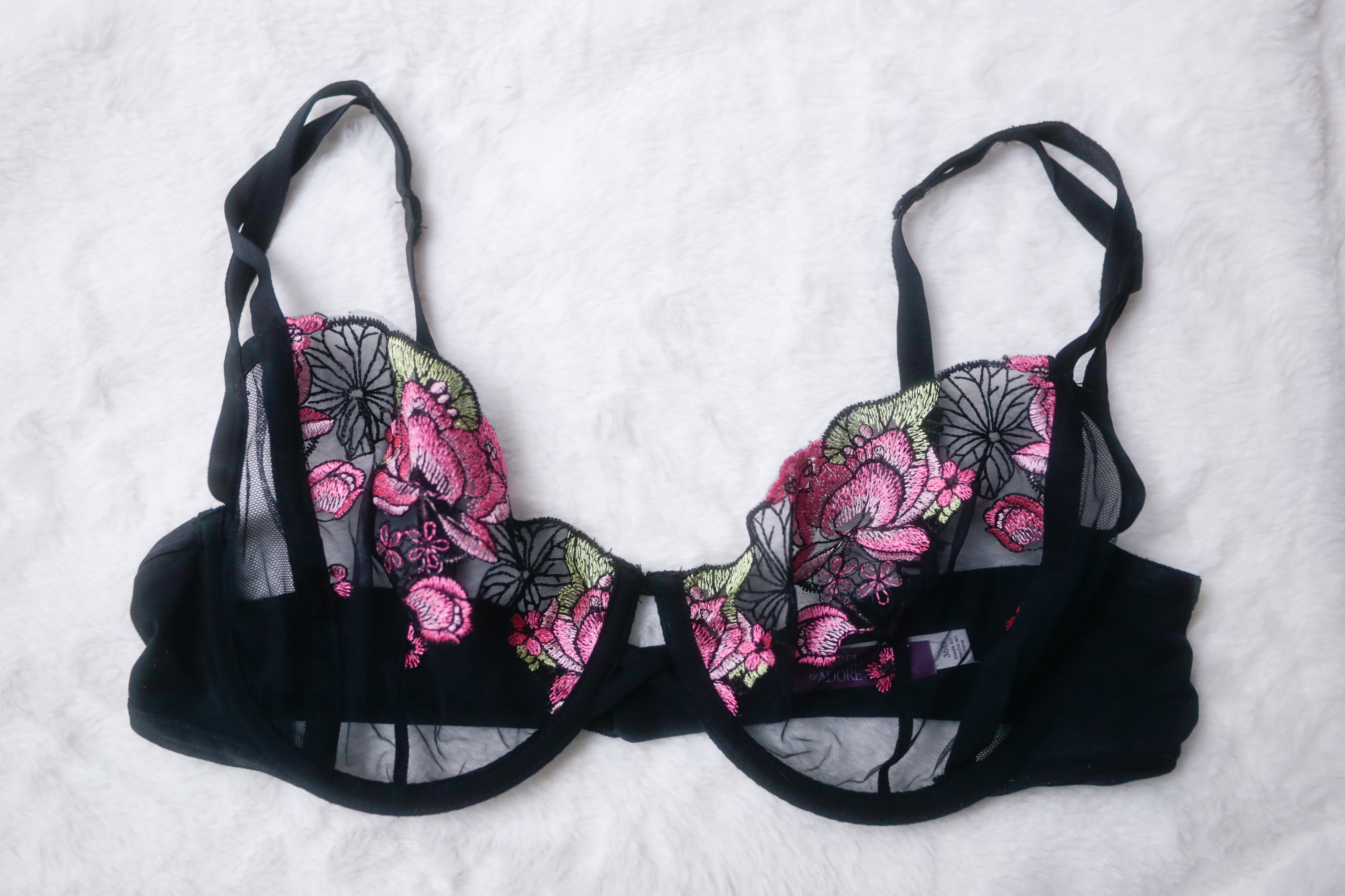 Adore Me 36D Jamilla Unlined Underwire Mesh Embroidery Bra Black