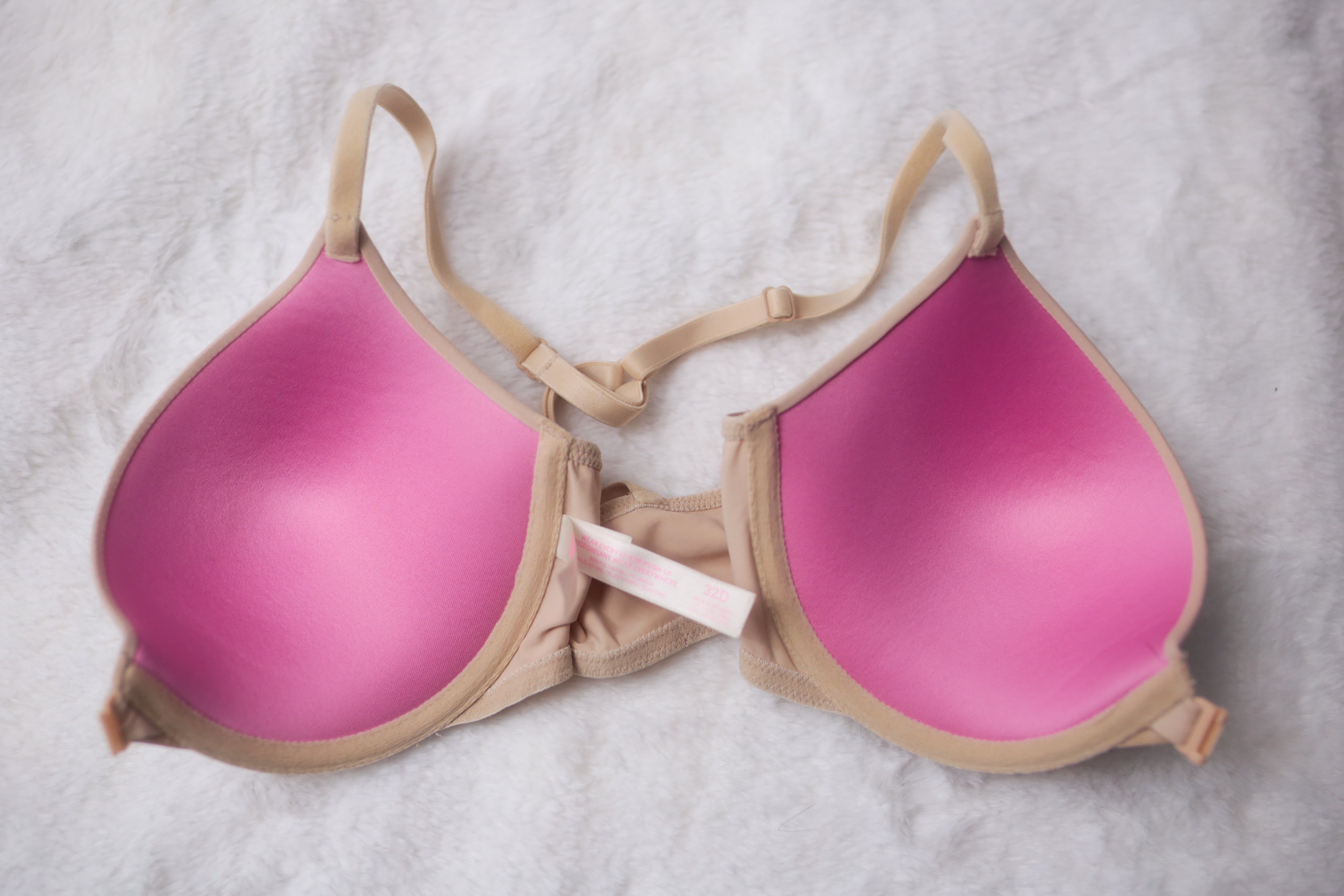 Pink by Victoria's Secret 32D Wear Everywhere Push-up Racerback Front Closure T-shirt Bra Beige