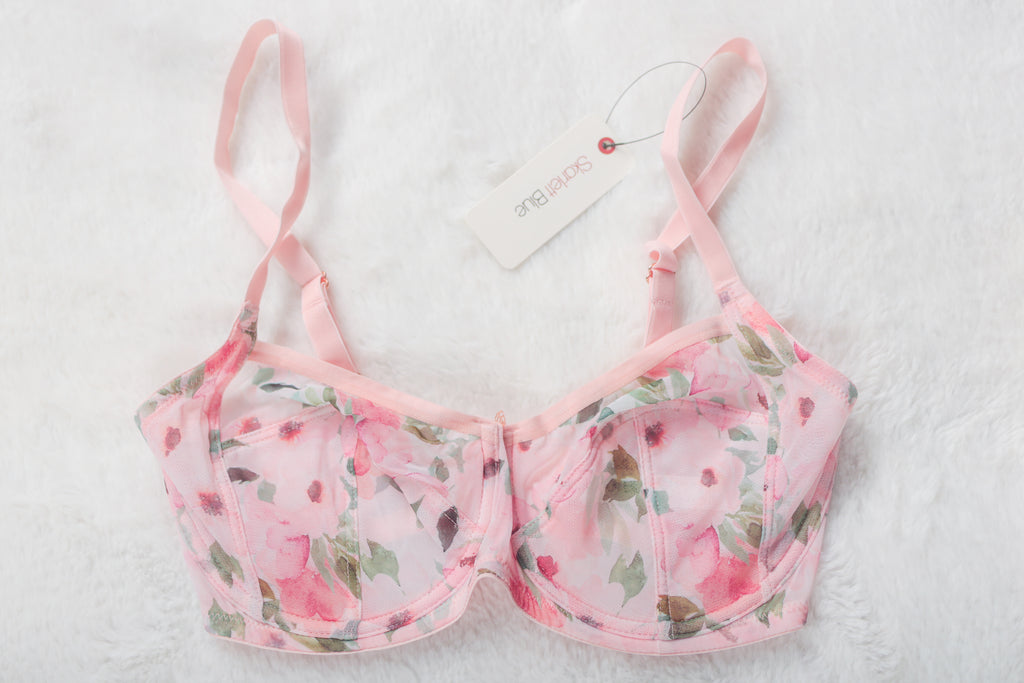 Skarlett Blue 30DD Unlined Embroidered Semi-sheer Balconette Bra Pink Floral NEW