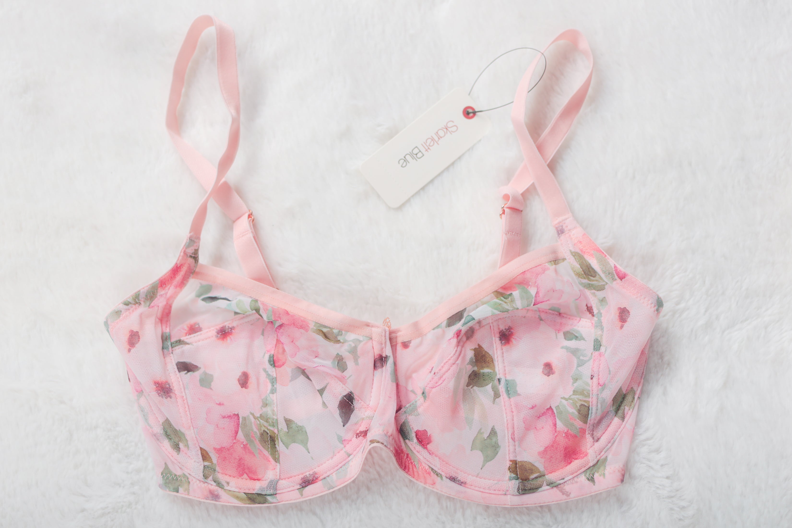 Skarlett Blue 30DD Unlined Embroidered Semi-sheer Balconette Bra Pink Floral NEW