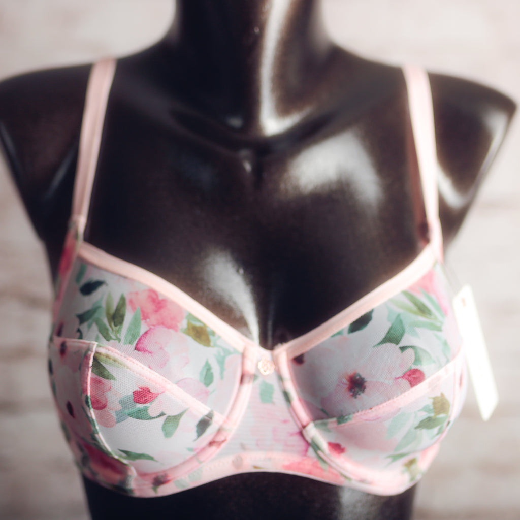 Skarlett Blue 30DD Unlined Embroidered Semi-sheer Balconette Bra Pink Floral NEW