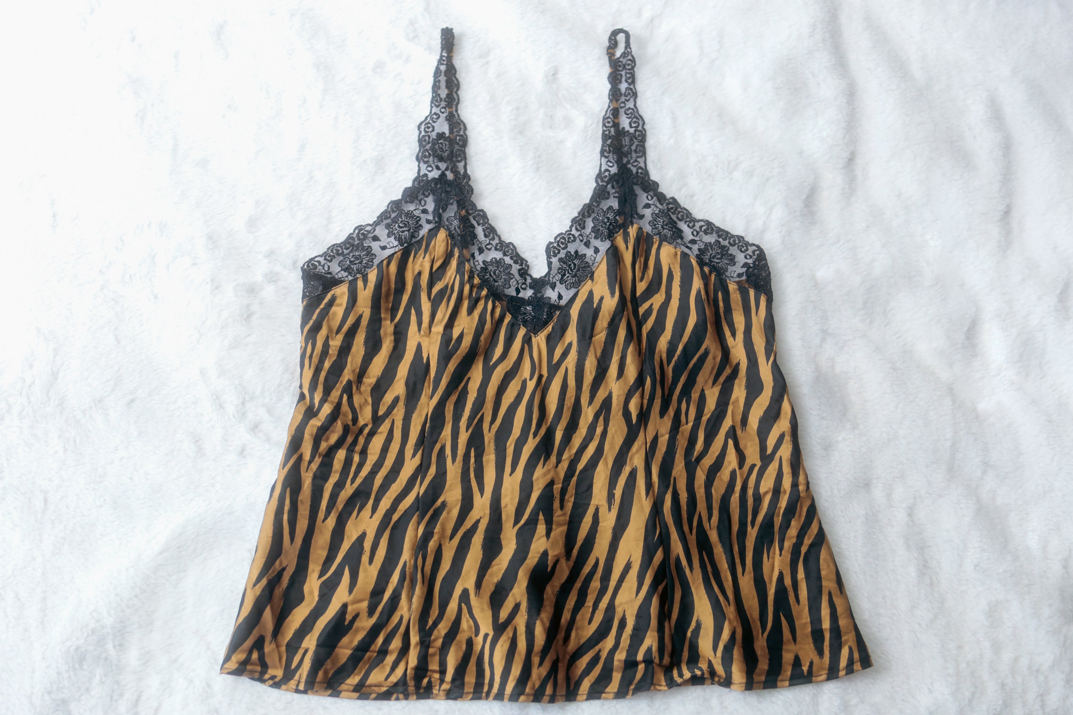Silkscreen 100% Silk Cami Chemise Lingerie Tiger Stripe and Lace: Size Large