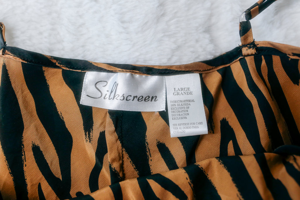 Silkscreen 100% Silk Cami Chemise Lingerie Tiger Stripe and Lace: Size Large