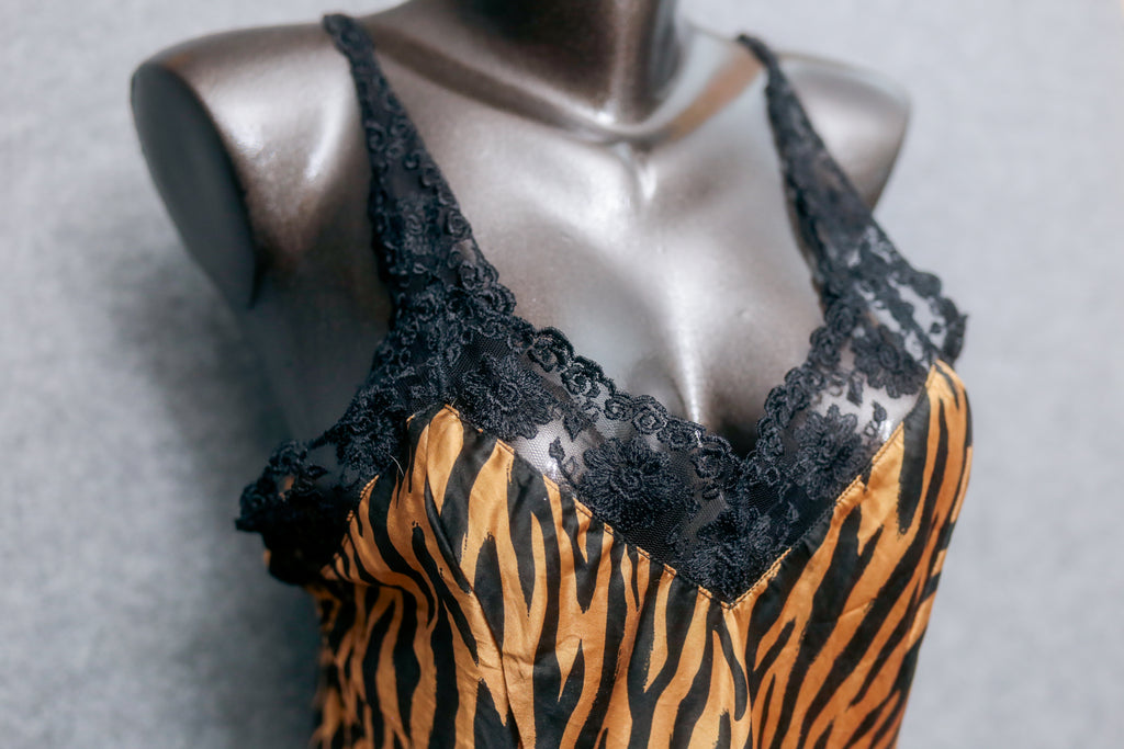 Silkscreen 100% Silk Cami Chemise Lingerie Tiger Stripe and Lace: Size Large