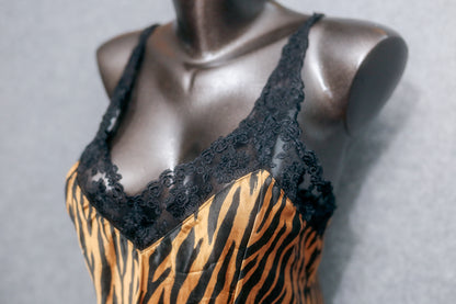 Silkscreen 100% Silk Cami Chemise Lingerie Tiger Stripe and Lace: Size Large