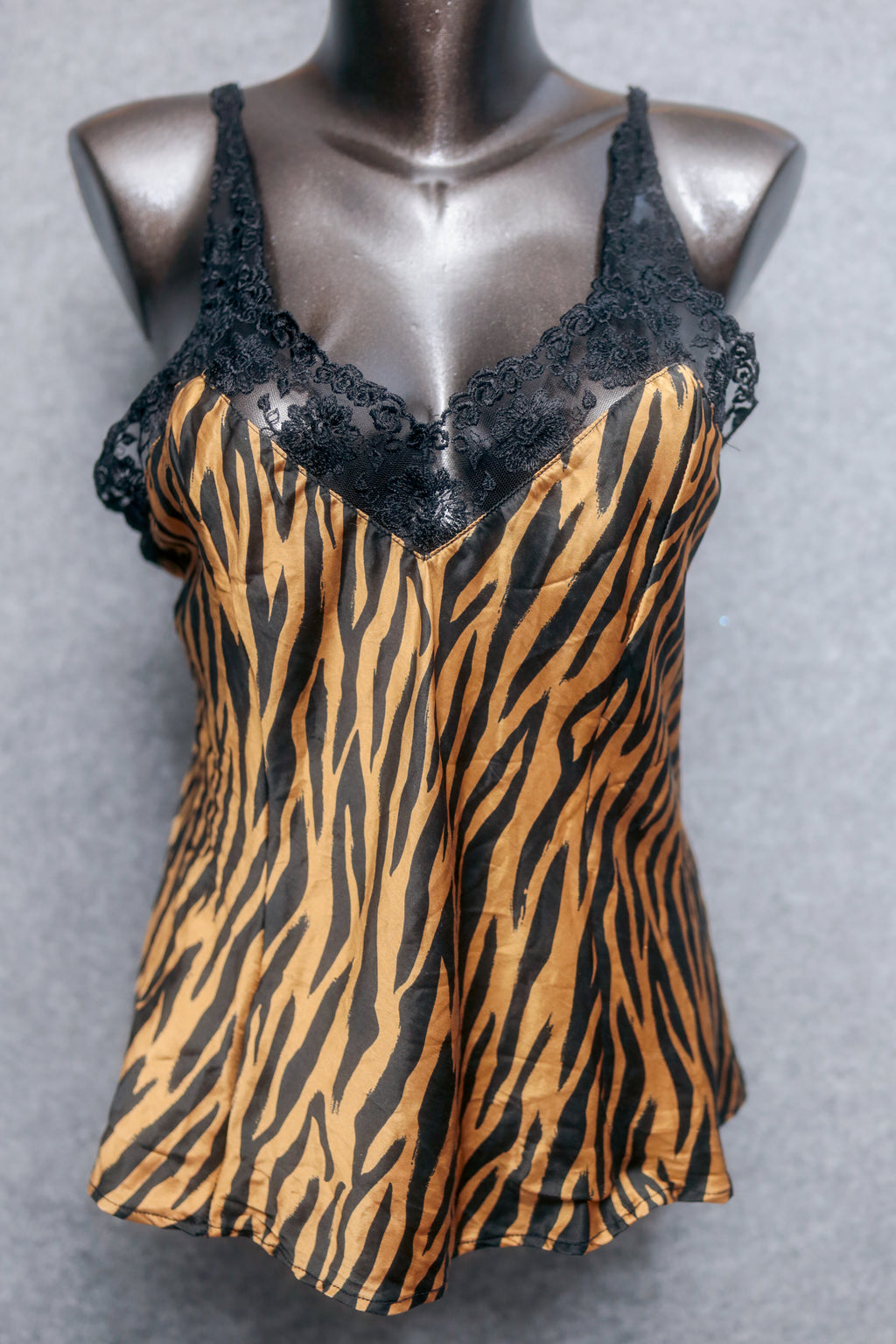 Silkscreen 100% Silk Cami Chemise Lingerie Tiger Stripe and Lace: Size Large