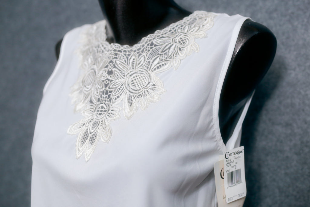 Cinema Etoile Eyelet Cami Chemise Lingerie White Satin and Lace: Size Small NEW