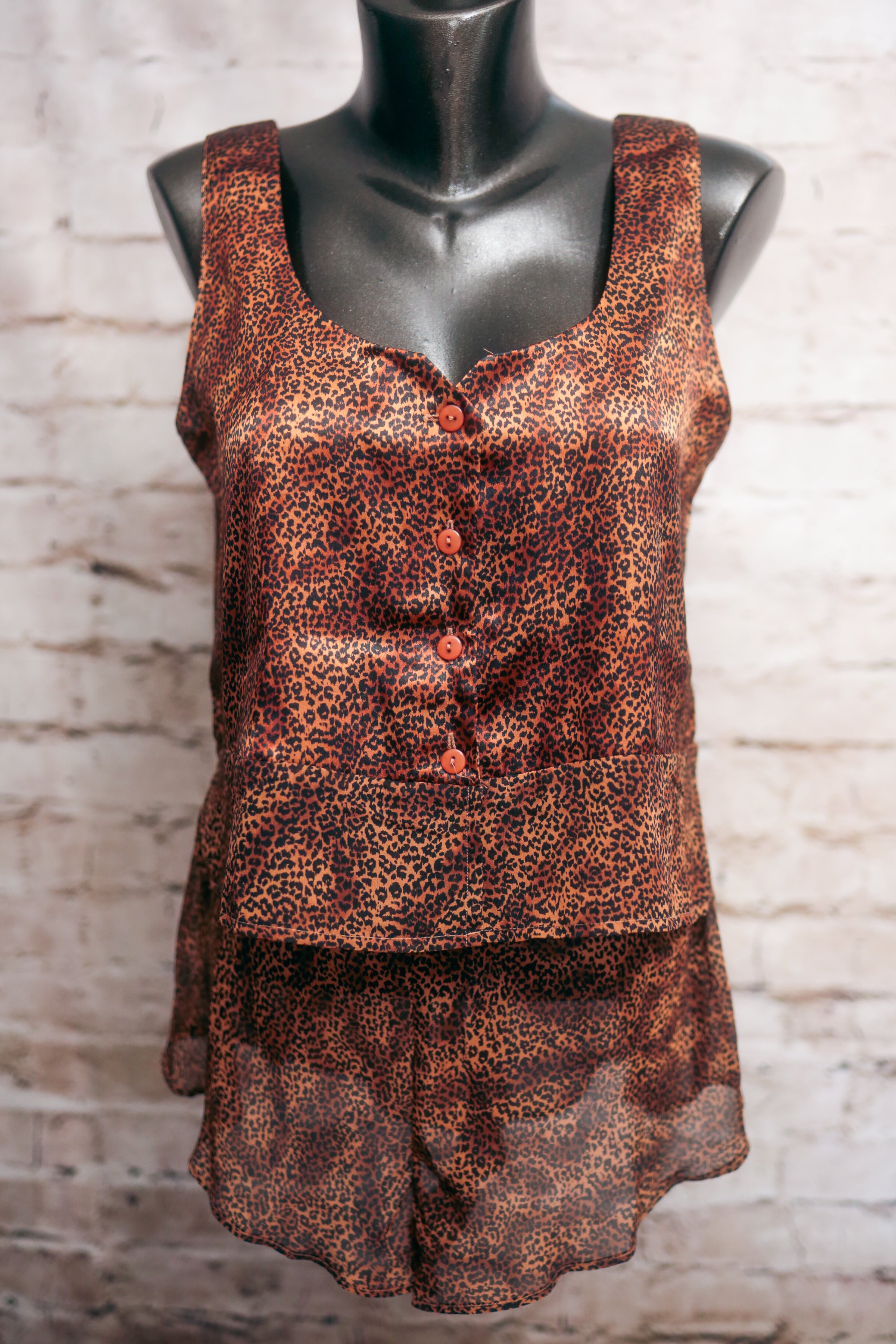 Victoria's Secret Vintage 90s Satin Sleep Top Shorts Set Leopard Cheetah Print Small