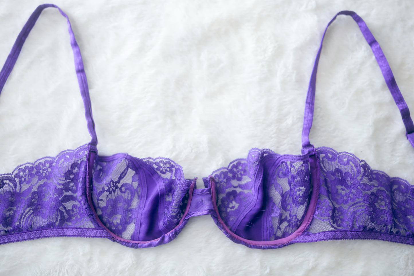 Christian Dior 36C Vintage Balconette Shelf Sheer Unpadded Bra Purple Lace