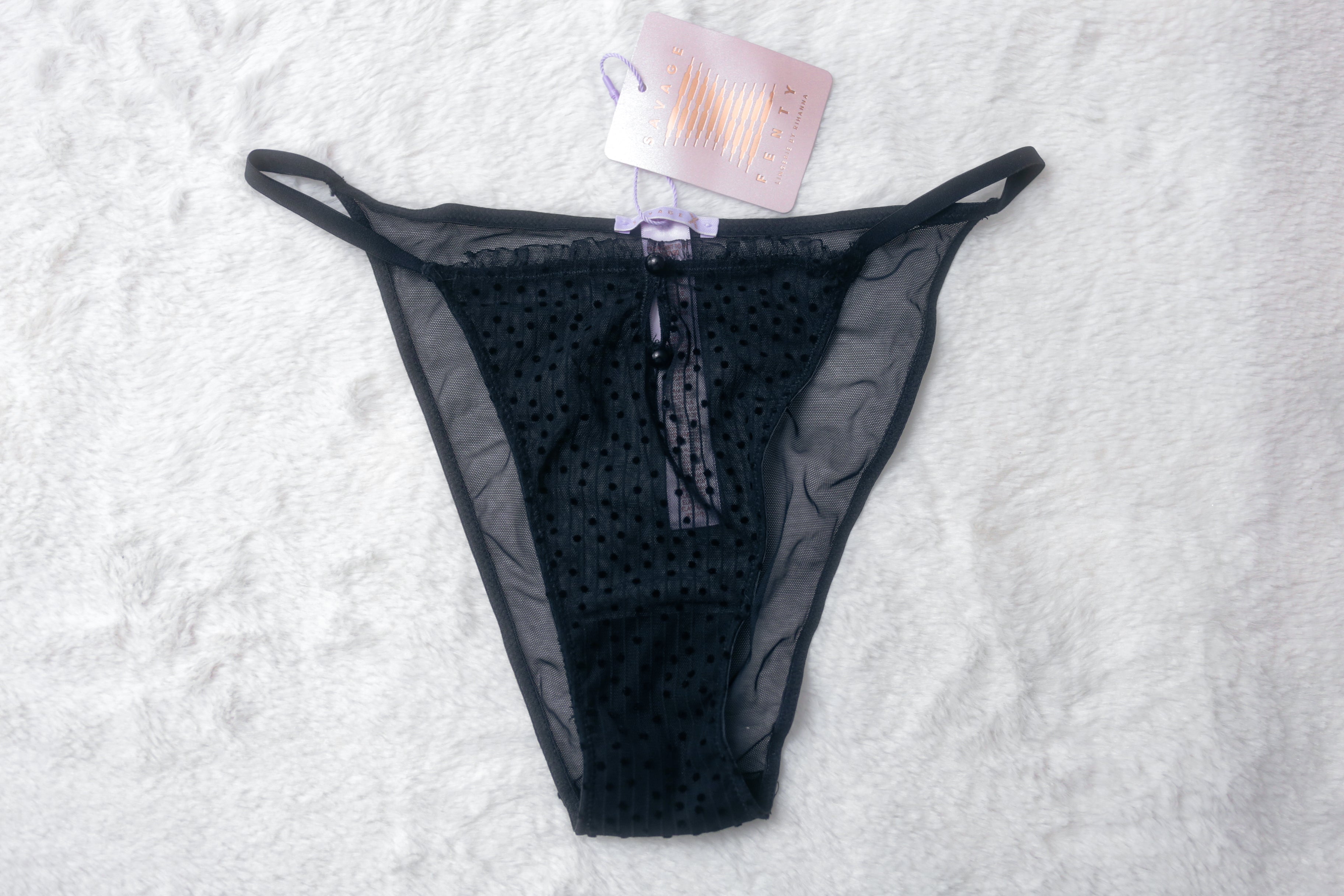 Savage X Fenty Sheer Polka Dot String Bikini Panties Medium Black NEW