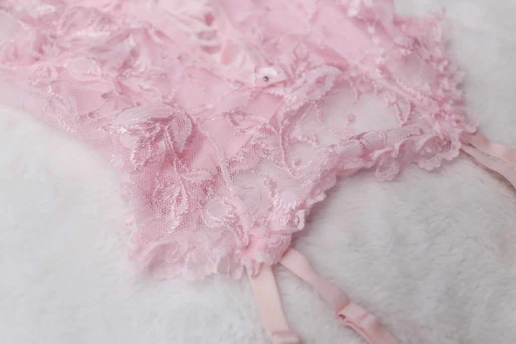 Faris Vintage Sheer Pink Victorian Garter Strap Chemise Babydoll Lingerie Medium