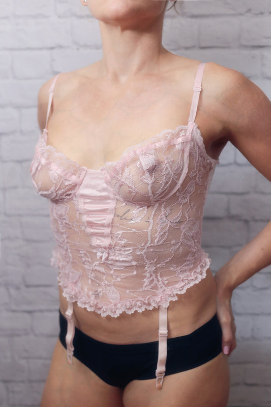 Faris Vintage Sheer Pink Victorian Garter Strap Chemise Babydoll Lingerie Medium