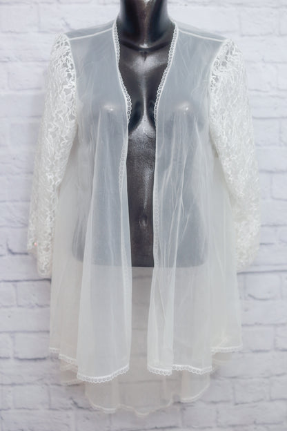 90s Vintage Tulle Lace Peignoir Shawl Negligee Lingerie Large White