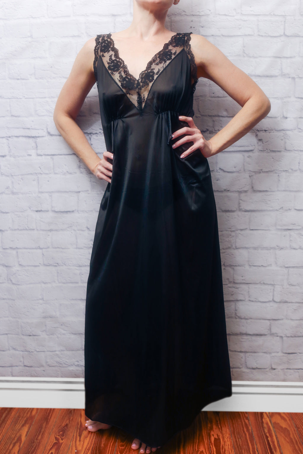JCPenney 90s Vintage Semi-sheer Full Slip Gown USA-made Lingerie Black Medium