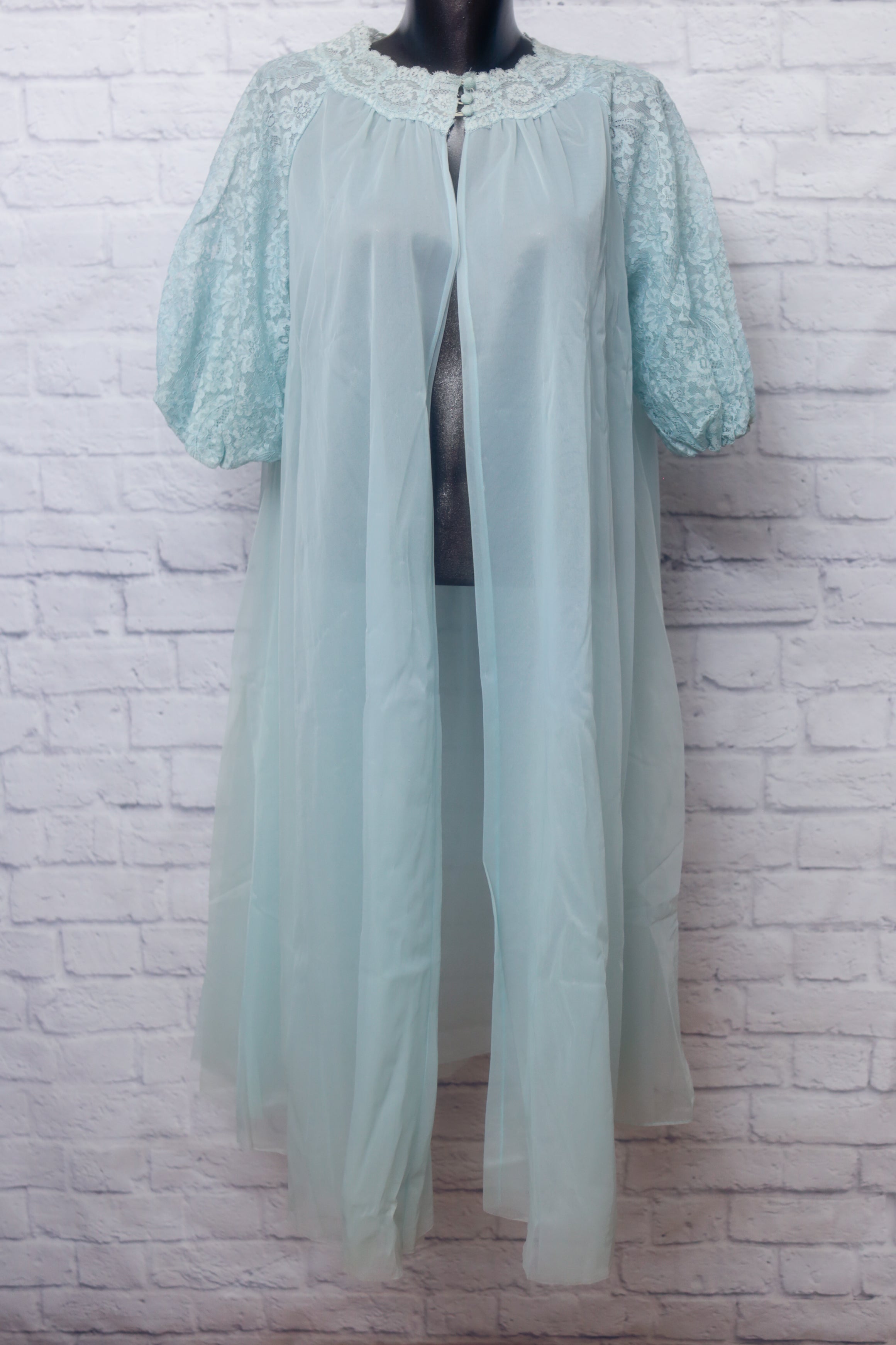 Vanity Fair Vintage 1950's Sheer Tulle Lace Peignoir Negligee Nightgown Lingerie 36 Large Blue