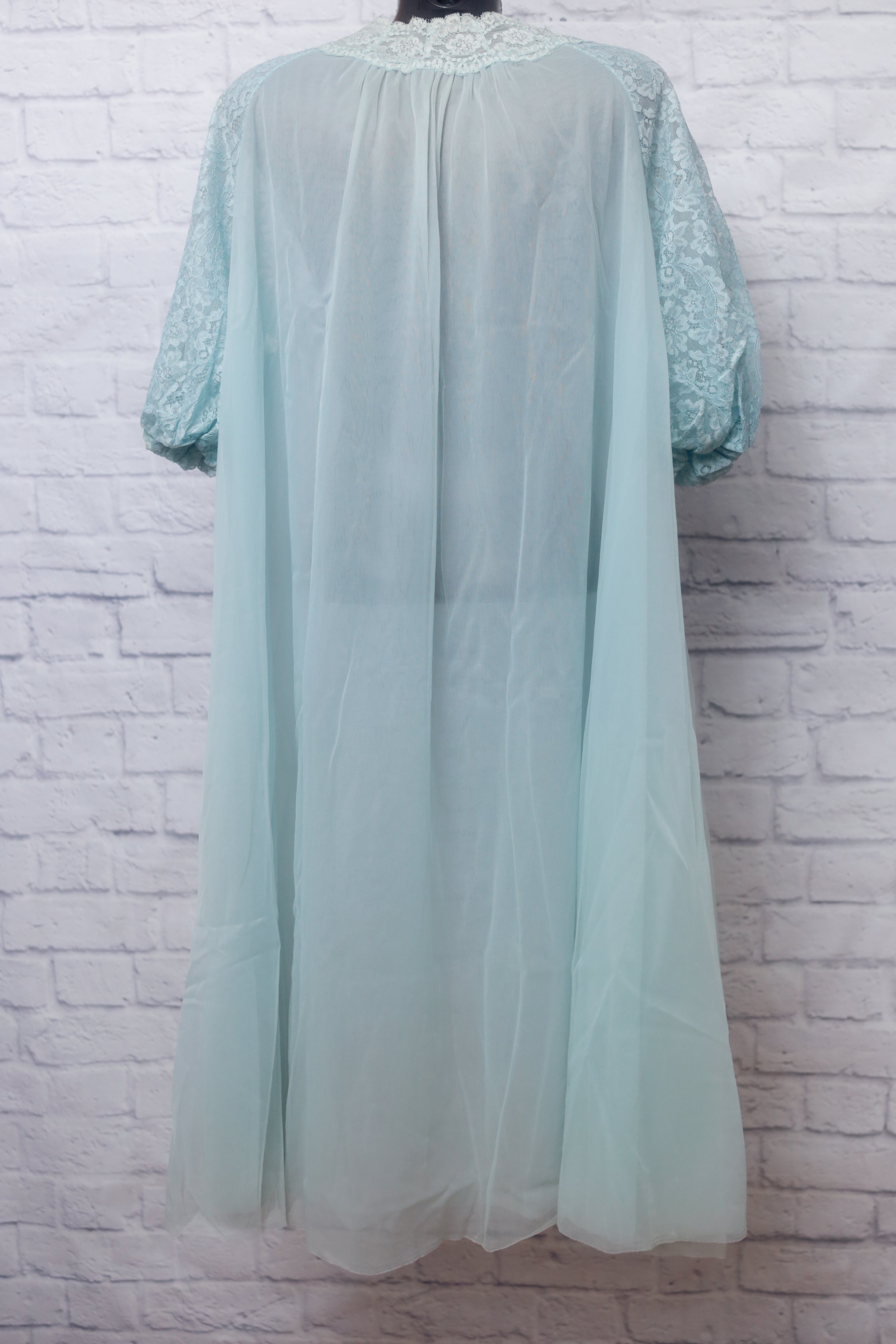 Vanity Fair Vintage 1950's Sheer Tulle Lace Peignoir Negligee Nightgown Lingerie 36 Large Blue