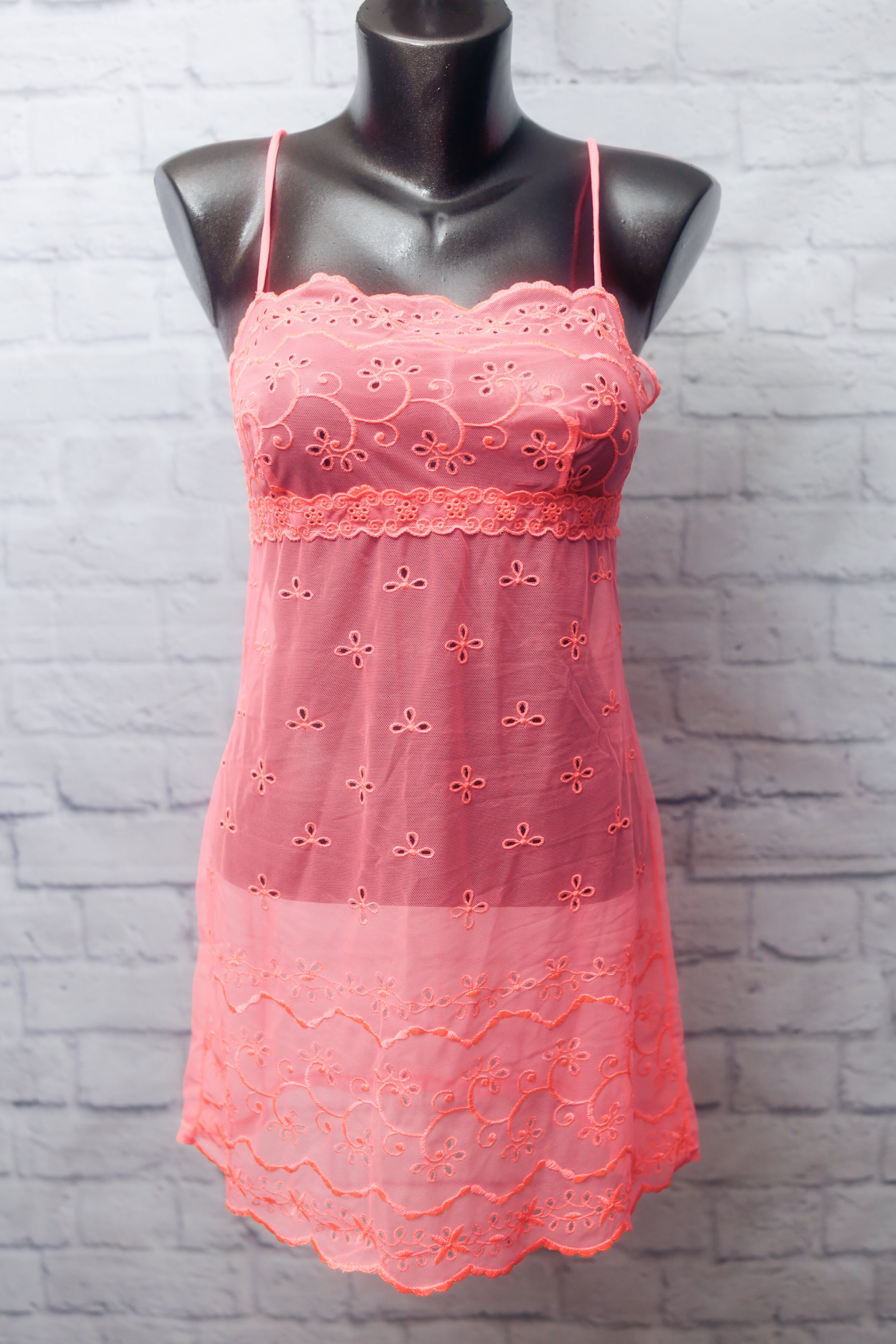 Victoria's Secret Chemise Silver Tag Lingerie Small Pink Sheer Coral Lace