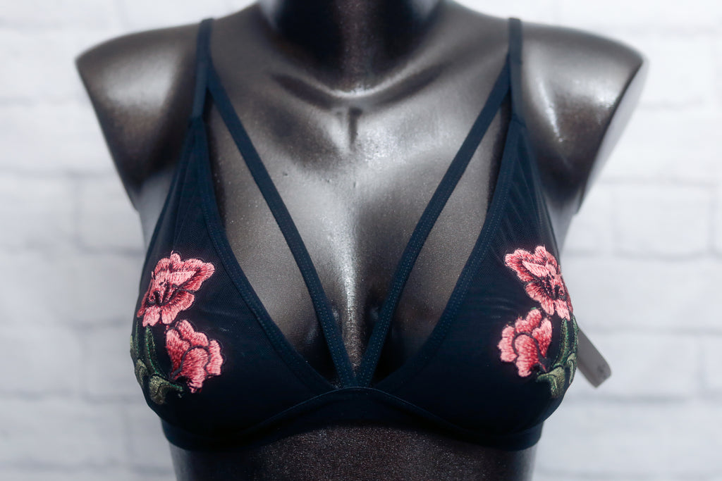 Cheeky Bird Unlined Embroidered Sheer Wireless Bralette Large 34-36 A-D Cup NEW