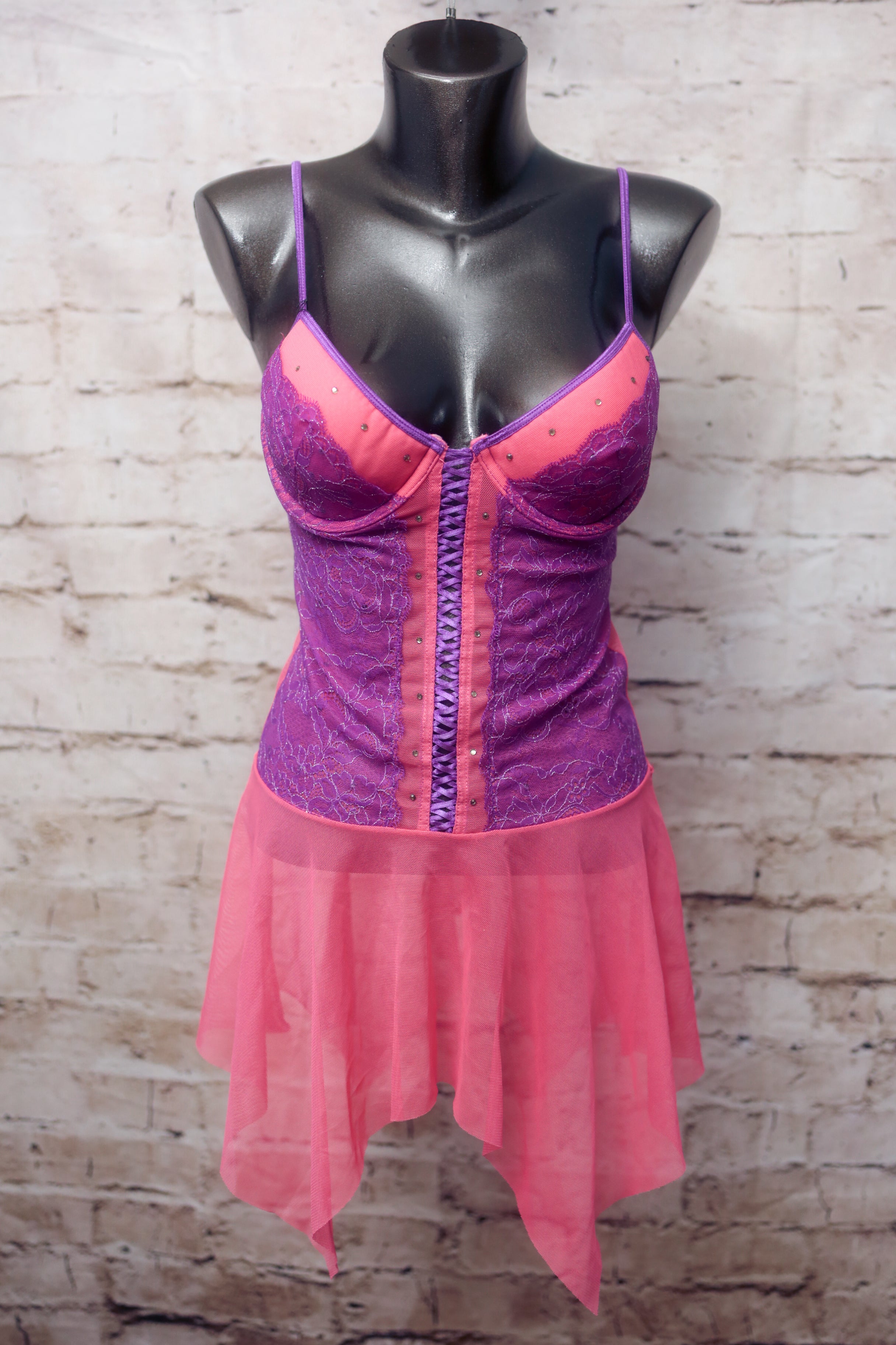 Victoria's Secret 34B Vintage Chemise Babydoll Lingerie Pink and Purple Lace