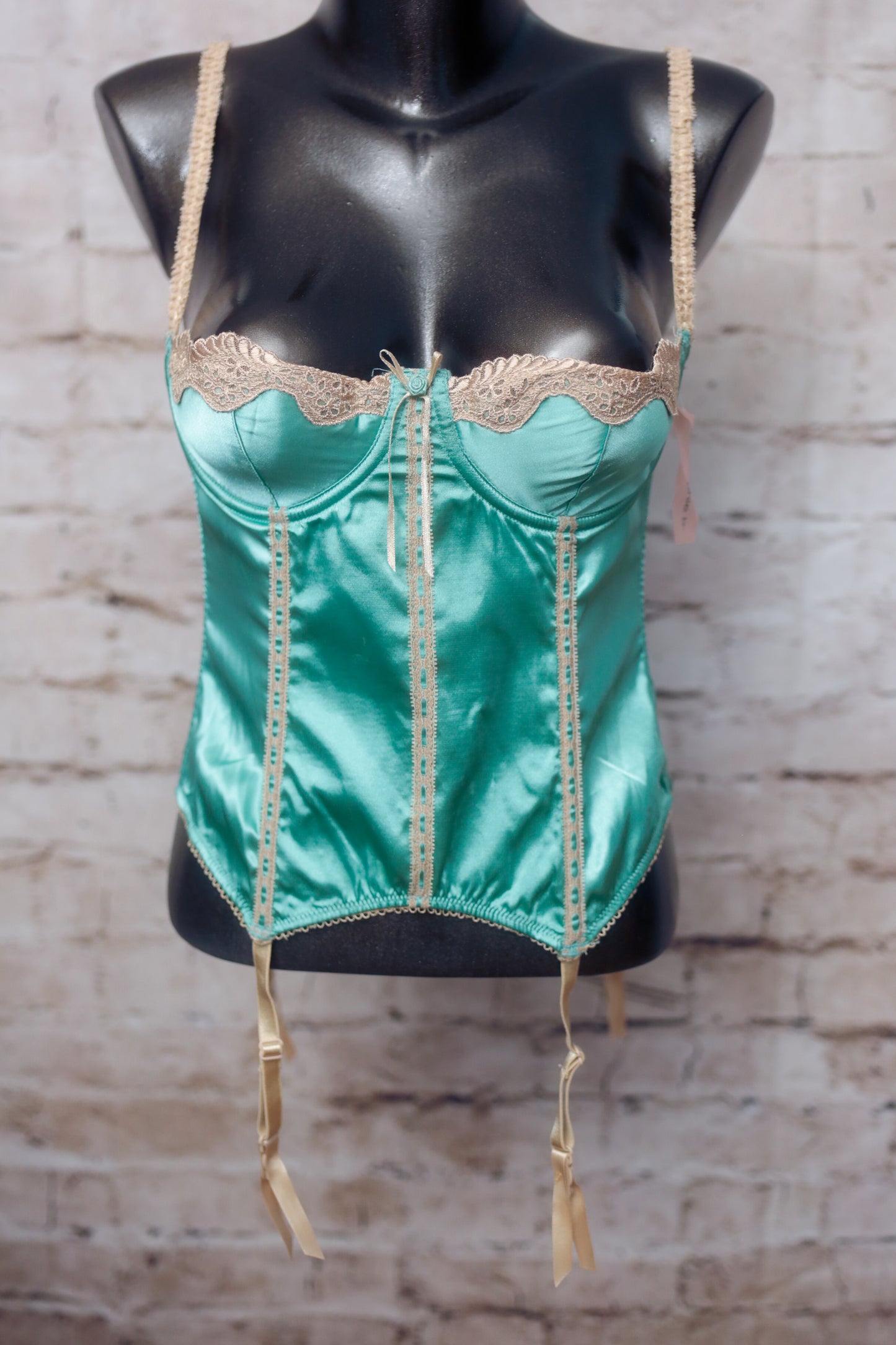 Sophie B Boned Corset Bra Lingerie Medium Mint Satin and Lace NEW