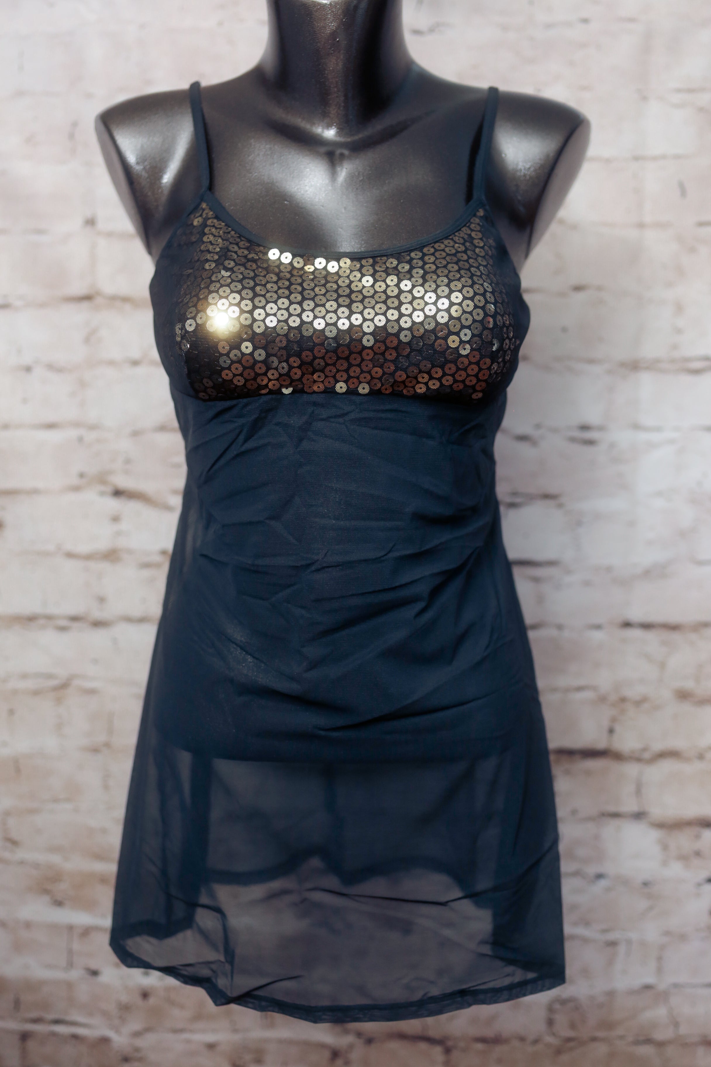 Victoria's Secret Vintage Chemise Babydoll Lingerie Sheer Black Gold Sequin Medium