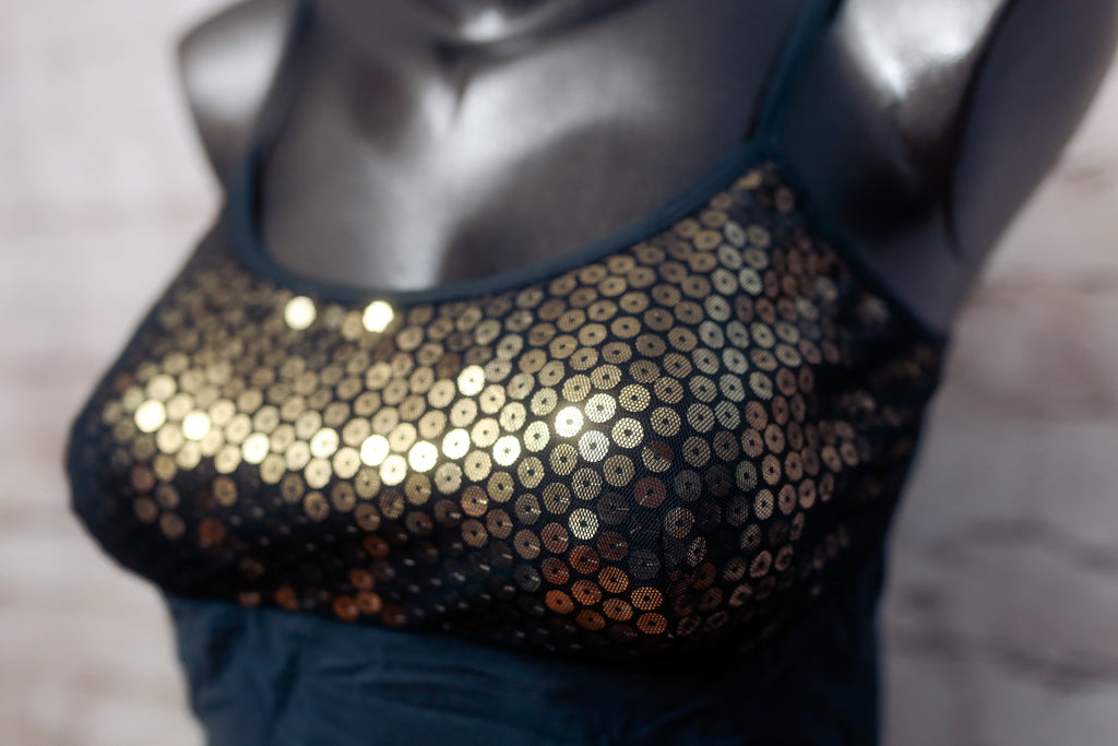 Victoria's Secret Vintage Chemise Babydoll Lingerie Sheer Black Gold Sequin Medium