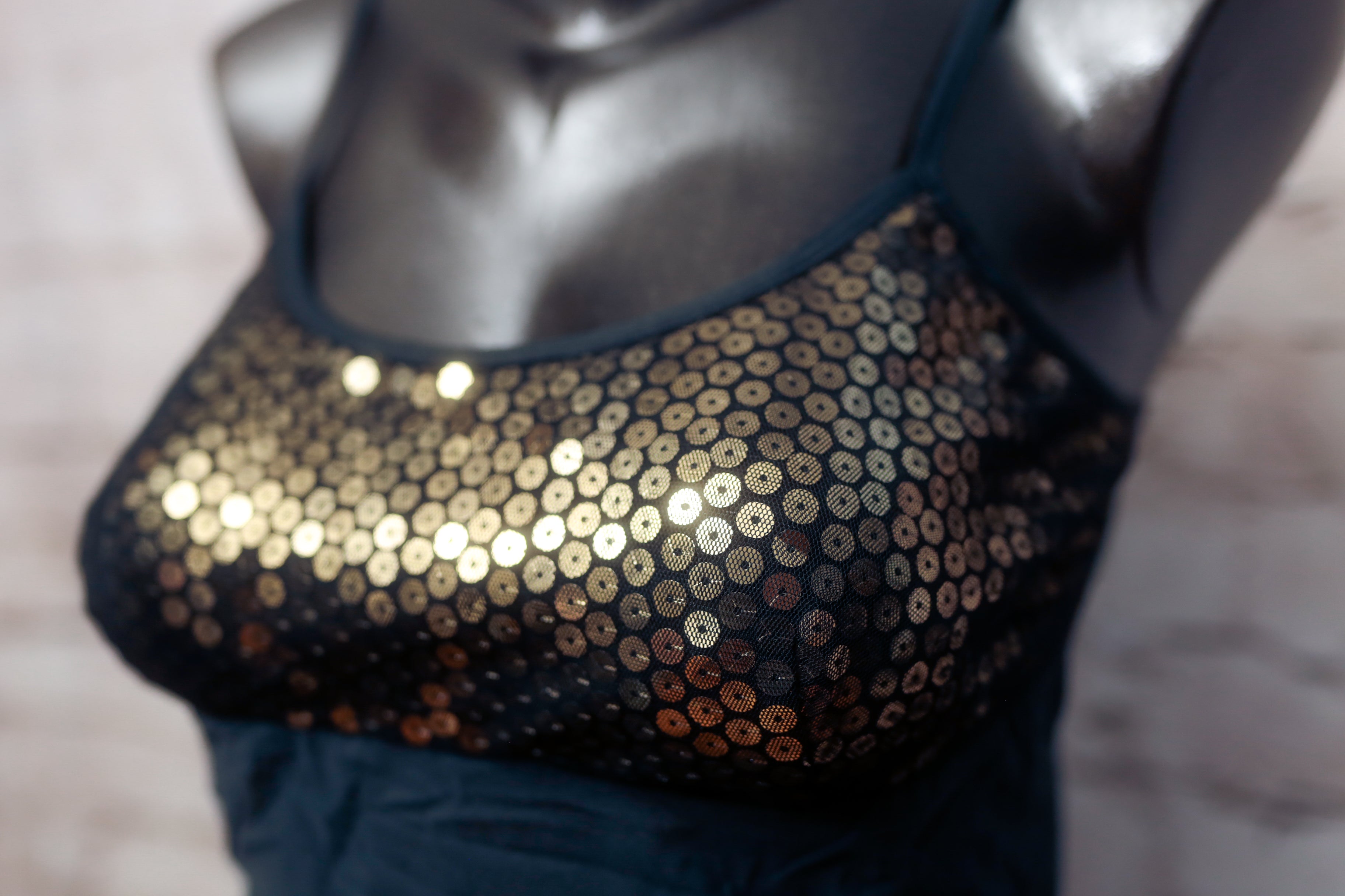 Victoria's Secret Vintage Chemise Babydoll Lingerie Sheer Black Gold Sequin Medium