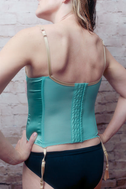 Sophie B Boned Corset Bra Lingerie Medium Mint Satin and Lace NEW
