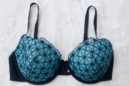 Vassarette 36D Retro Daisy Embroidered Underwire Bra Blue Black