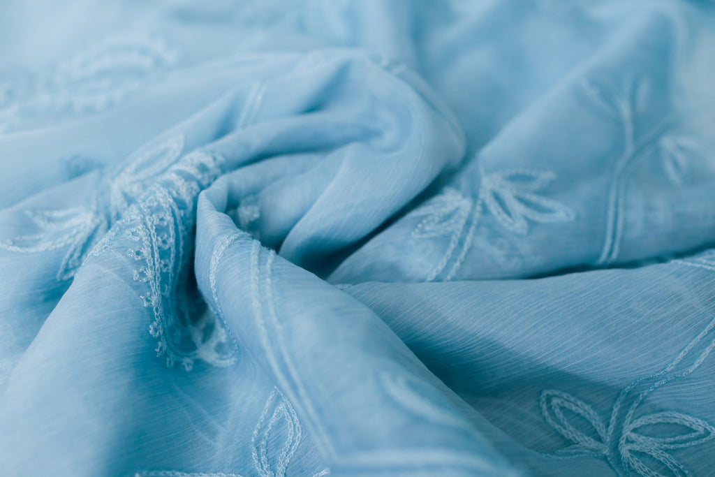 Baby Blue Embroidered Crepe Sheer Rectangular Scarf Shawl