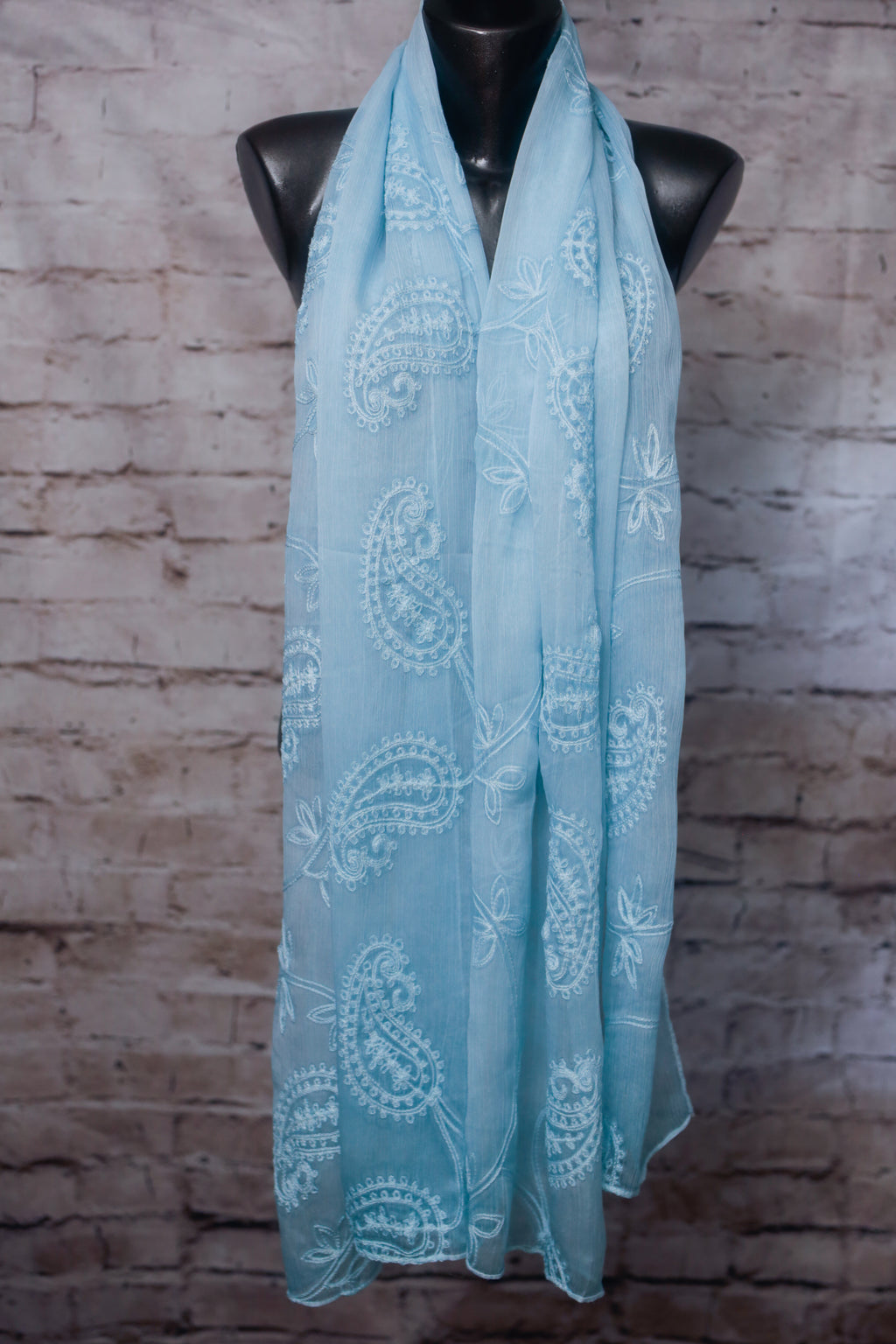 Baby Blue Embroidered Crepe Sheer Rectangular Scarf Shawl