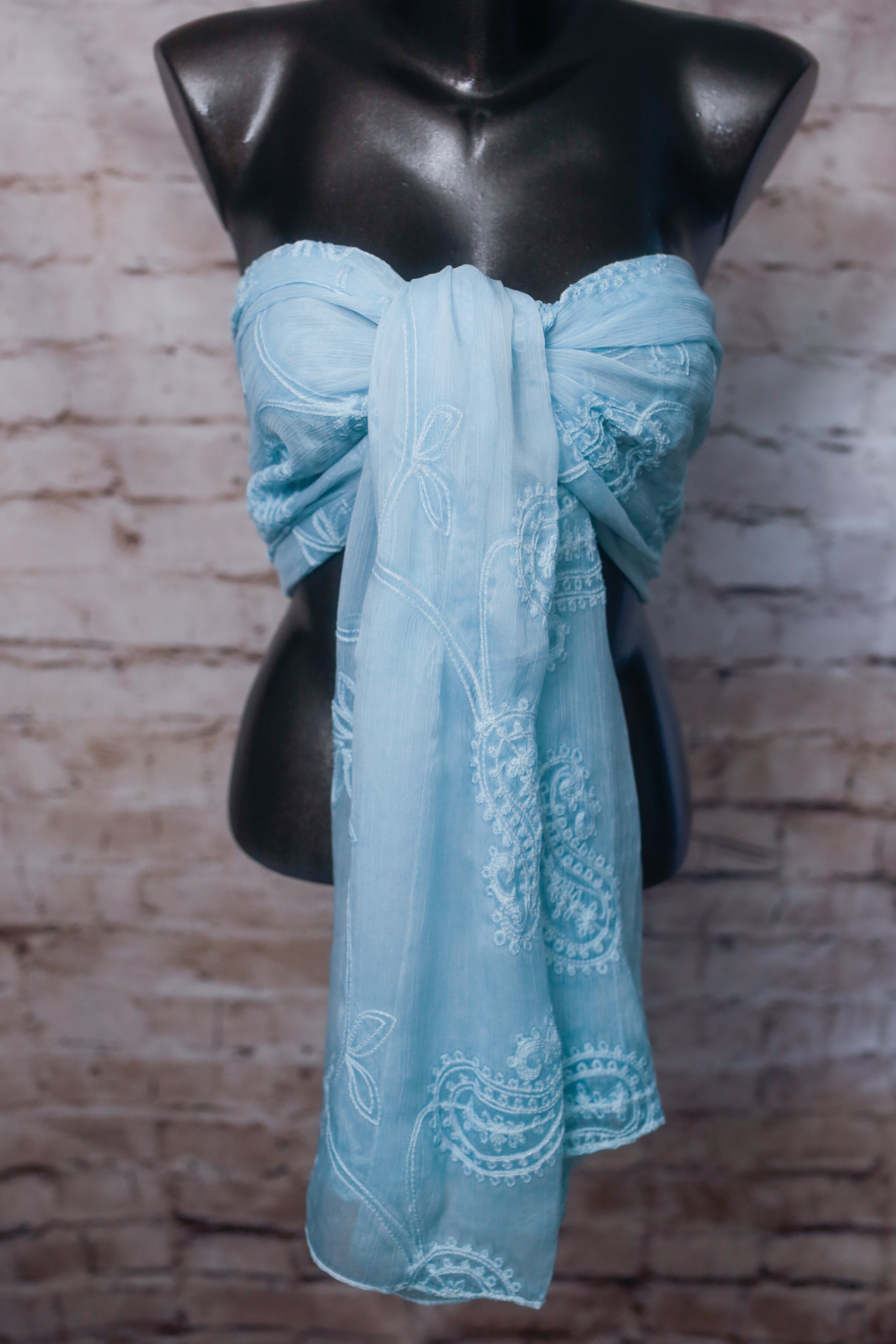 Baby Blue Embroidered Crepe Sheer Rectangular Scarf Shawl