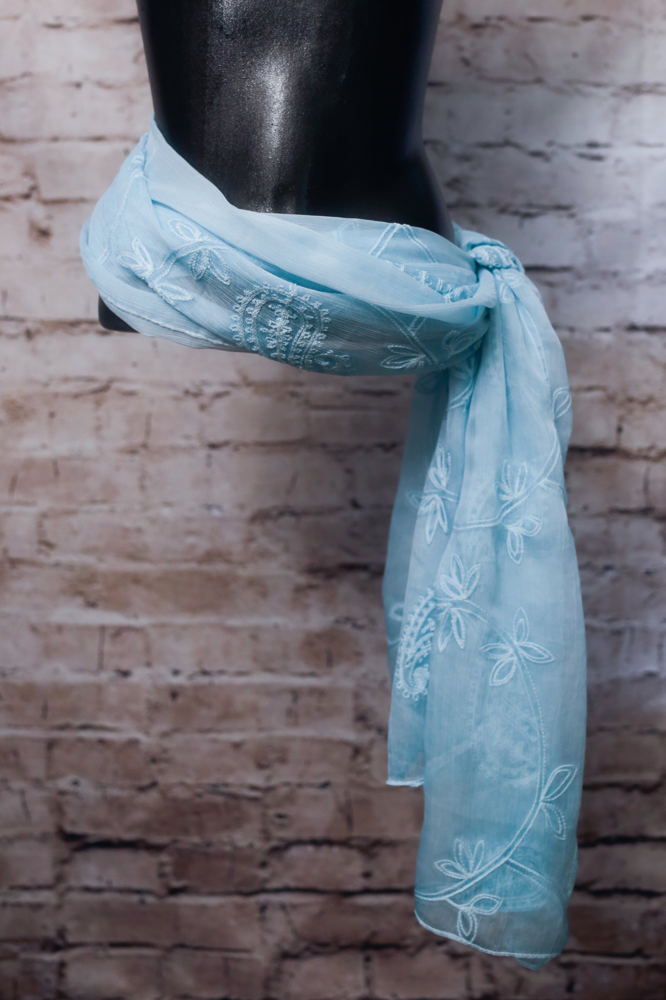 Baby Blue Embroidered Crepe Sheer Rectangular Scarf Shawl