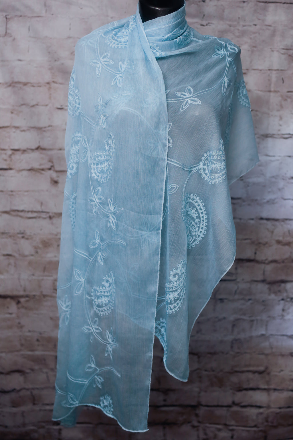 Baby Blue Embroidered Crepe Sheer Rectangular Scarf Shawl