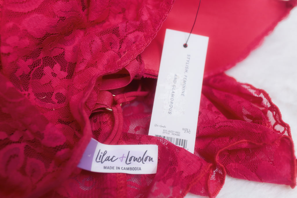 Lilac + London Chemise Babydoll Lingerie and Thong Set Red Lace Large NEW