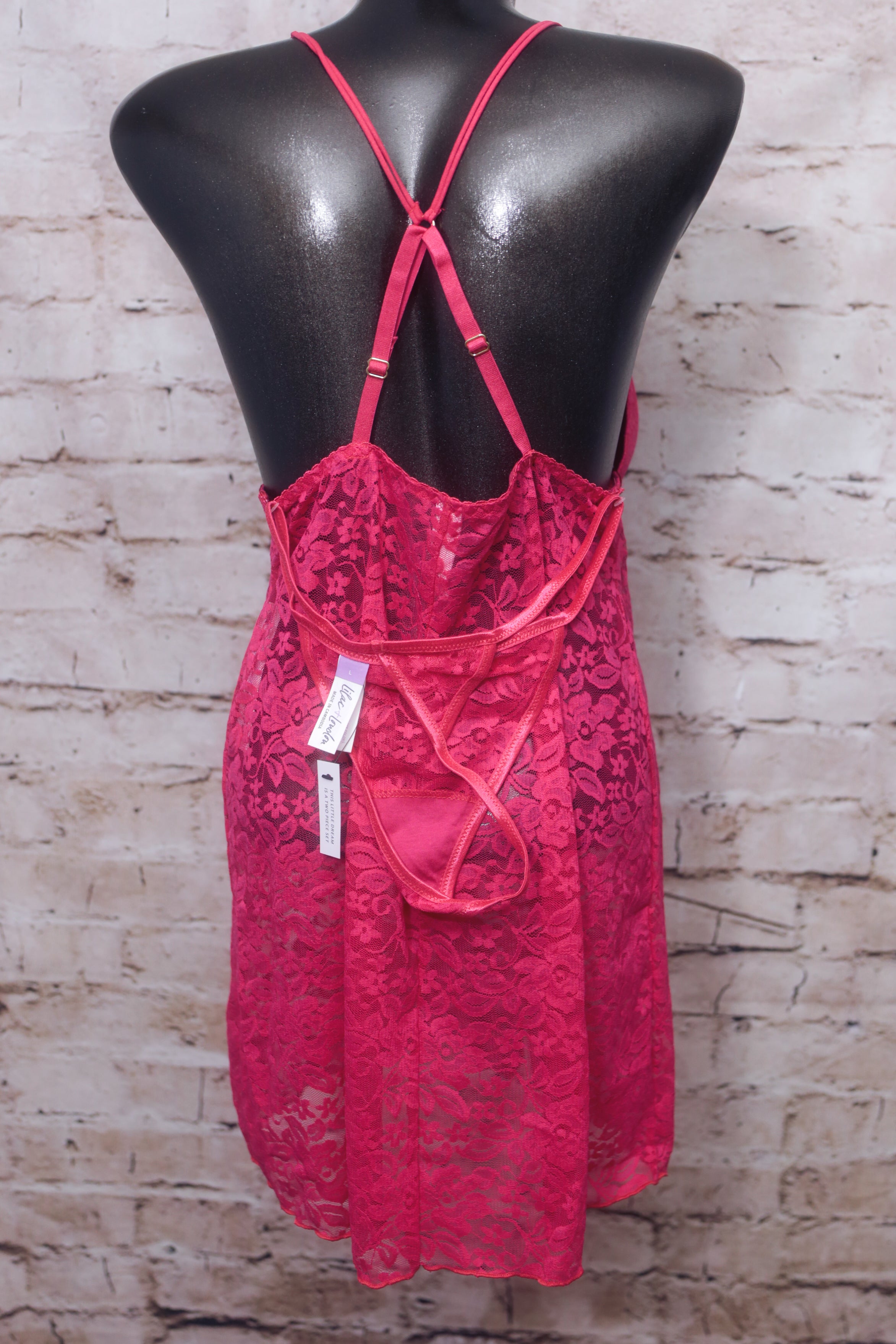 Lilac + London Chemise Babydoll Lingerie and Thong Set Red Lace Large NEW