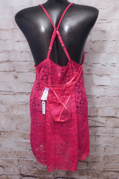 Lilac + London Chemise Babydoll Lingerie and Thong Set Red Lace Large NEW