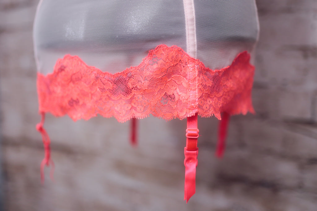 Victoria's Secret 34B Corset Babydoll with Garter Straps Coral Pink and White