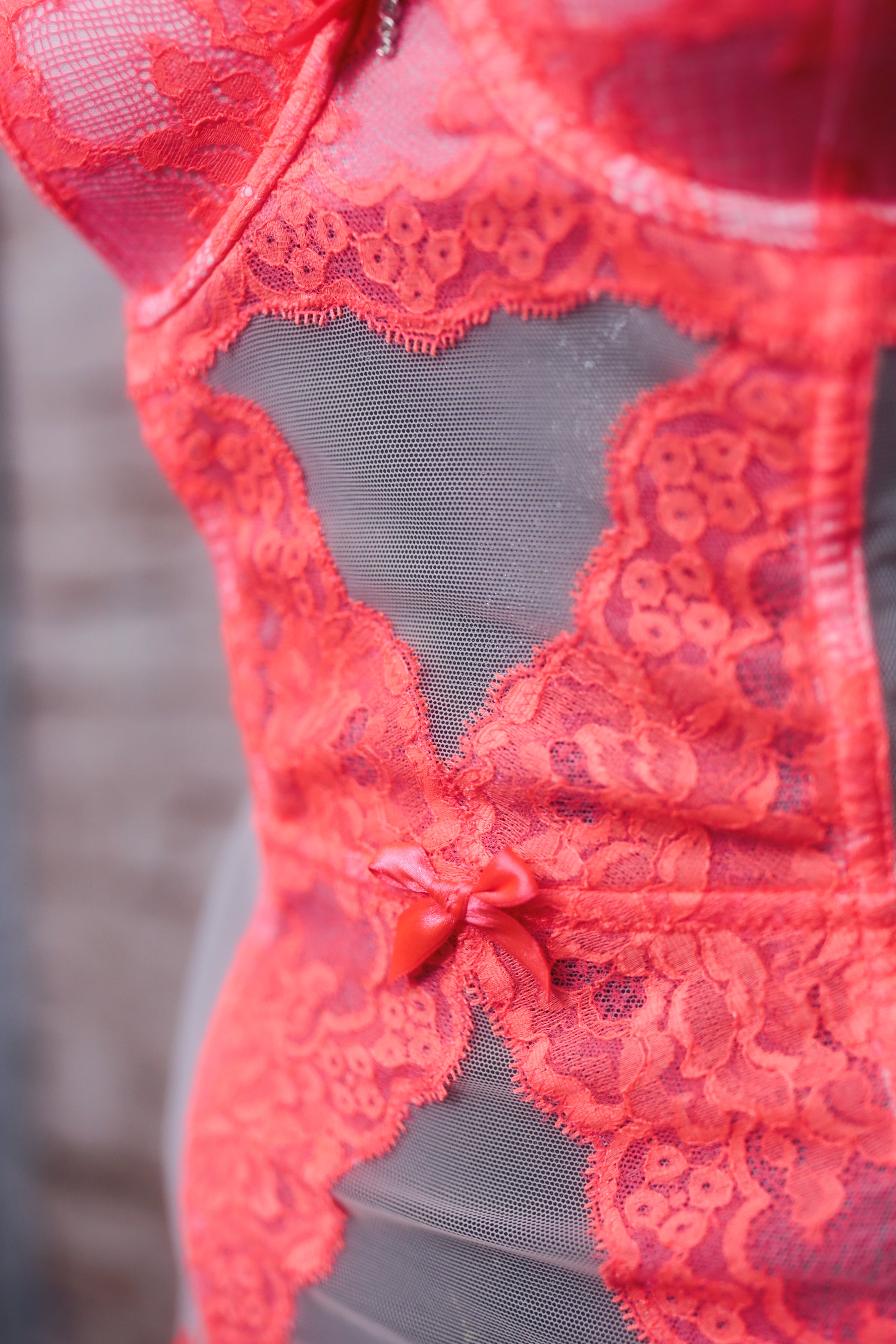 Victoria's Secret 34B Corset Babydoll with Garter Straps Coral Pink and White